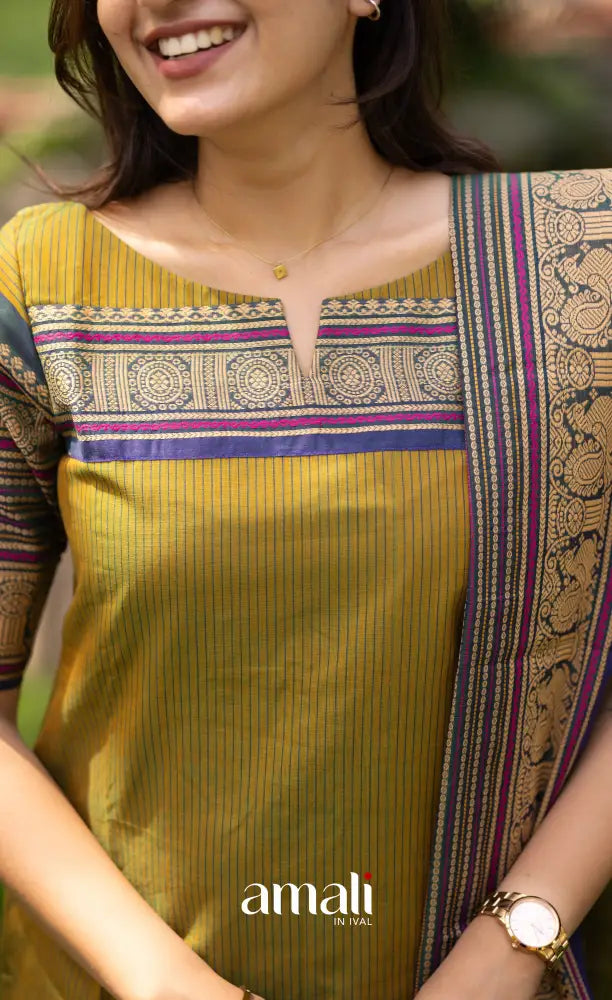 Meera Two-tone Henna Mustard with Dark Blue Chettinad Cotton Salwar salwar