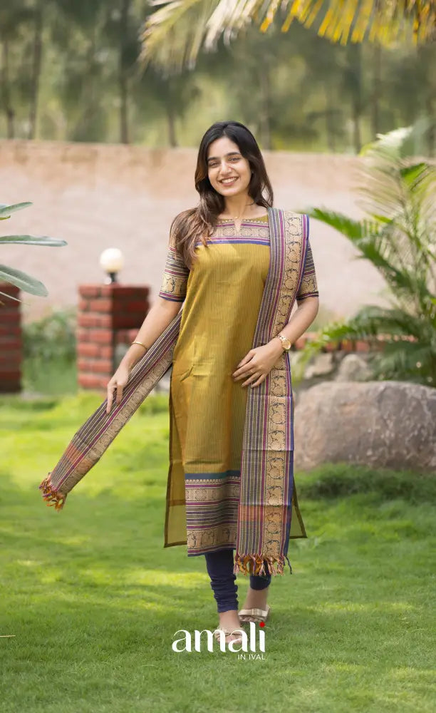 Meera Two-tone Henna Mustard with Dark Blue Chettinad Cotton Salwar salwar