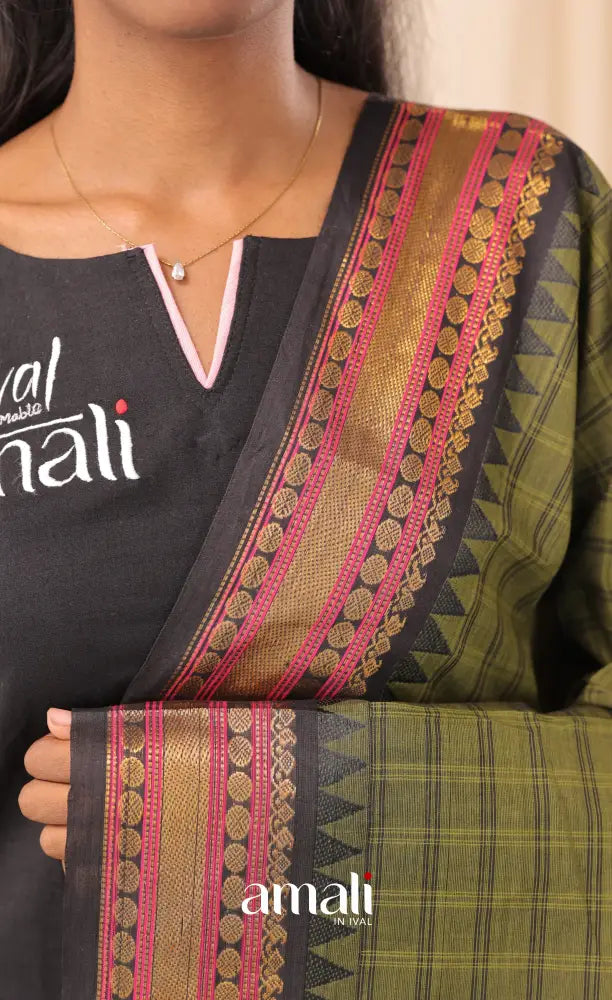 Multi-Shade Olive Checks With Black Chettinad Cotton Dupatta salwar