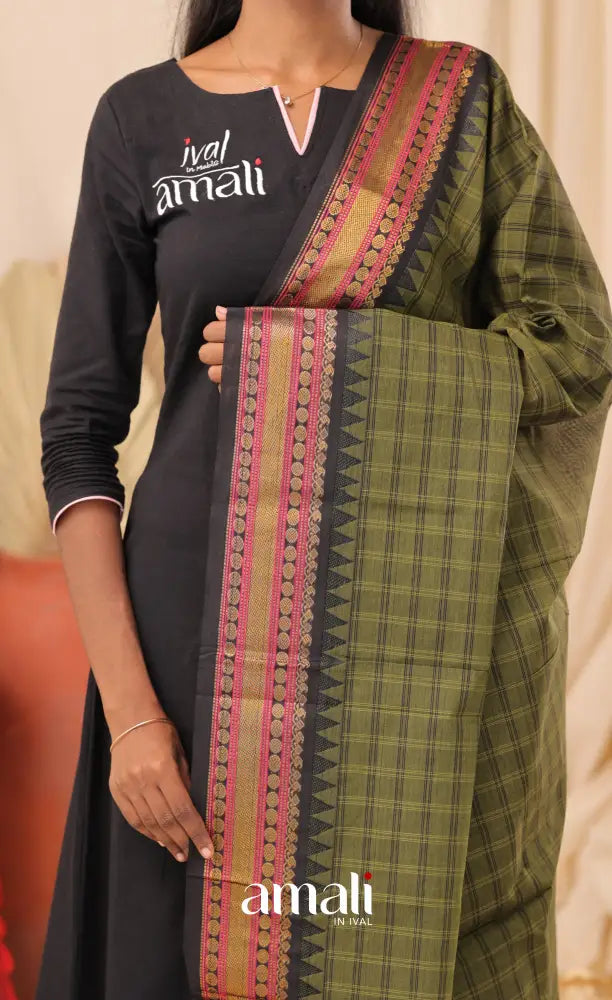 Multi-Shade Olive Checks With Black Chettinad Cotton Dupatta salwar