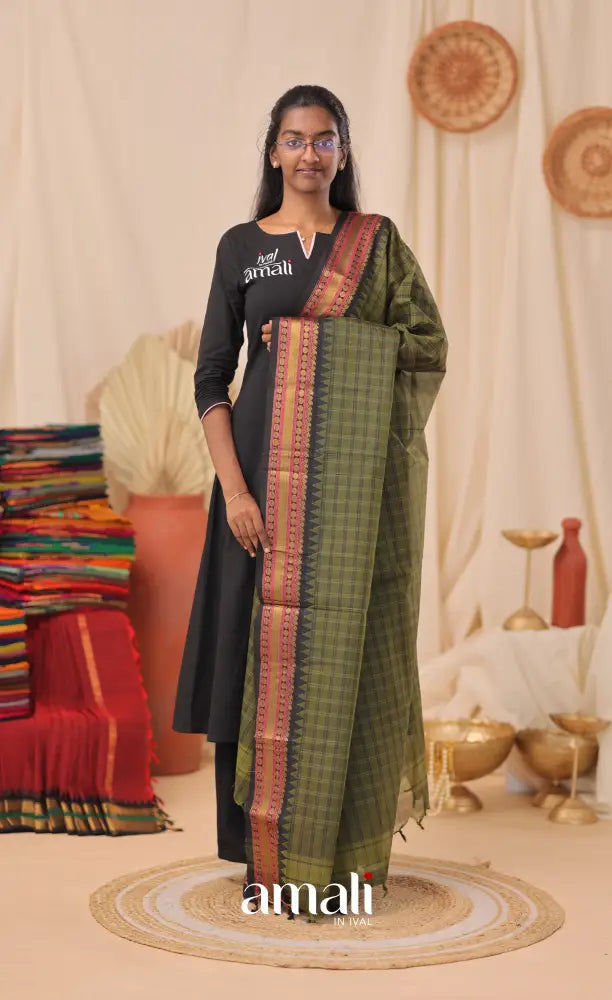 Multi-Shade Olive Checks With Black Chettinad Cotton Dupatta salwar