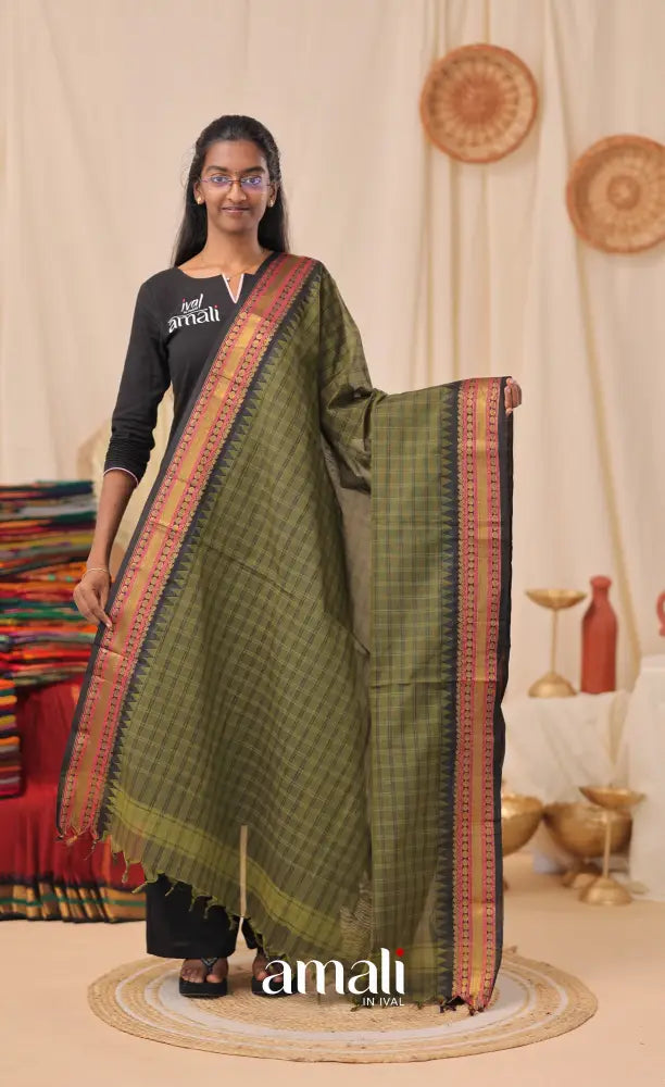 Multi-Shade Olive Checks With Black Chettinad Cotton Dupatta salwar