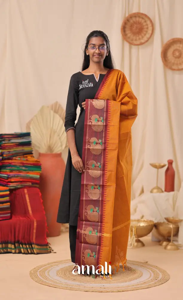 Mustard With Dark Maroon Chettinad Cotton Dupatta salwar