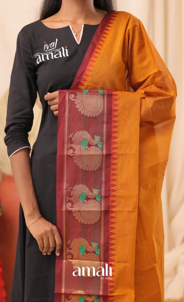 Mustard With Dark Maroon Chettinad Cotton Dupatta salwar