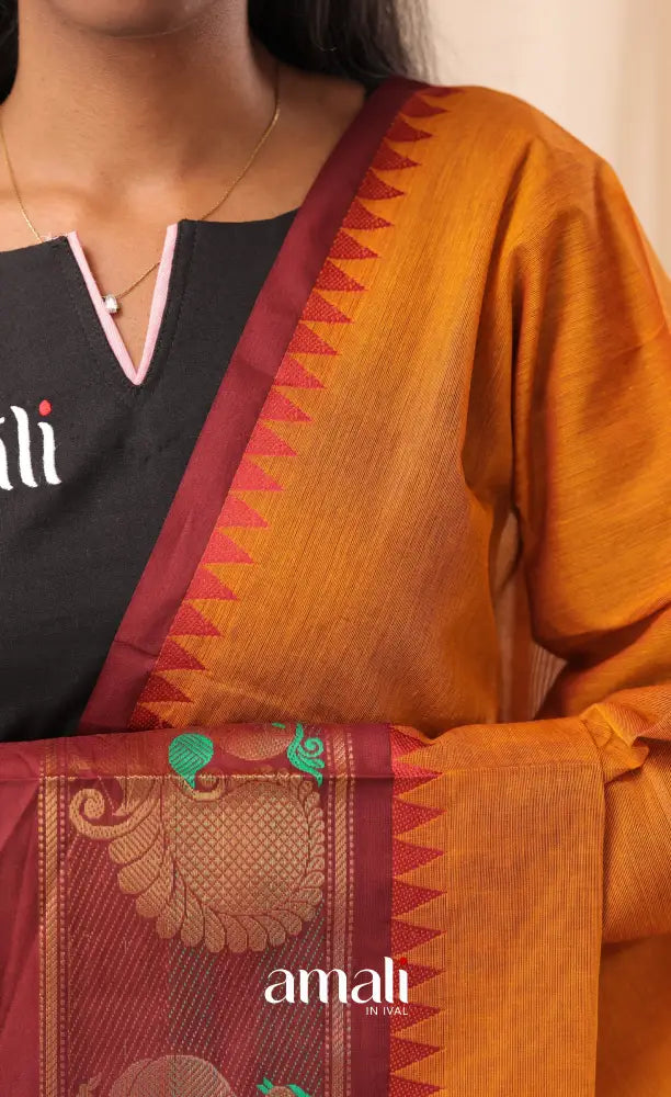 Mustard With Dark Maroon Chettinad Cotton Dupatta salwar