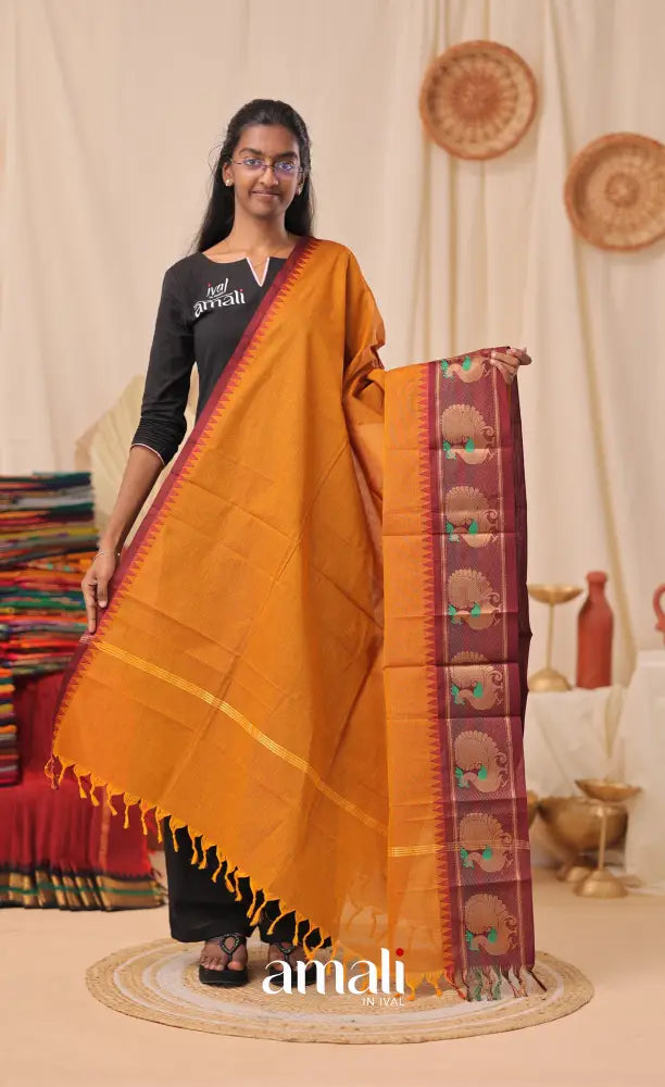 Mustard With Dark Maroon Chettinad Cotton Dupatta salwar