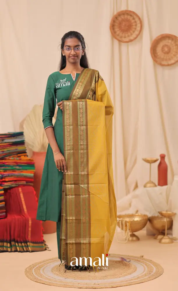 Mustard Yellow With Brown Chettinad Cotton Dupatta salwar