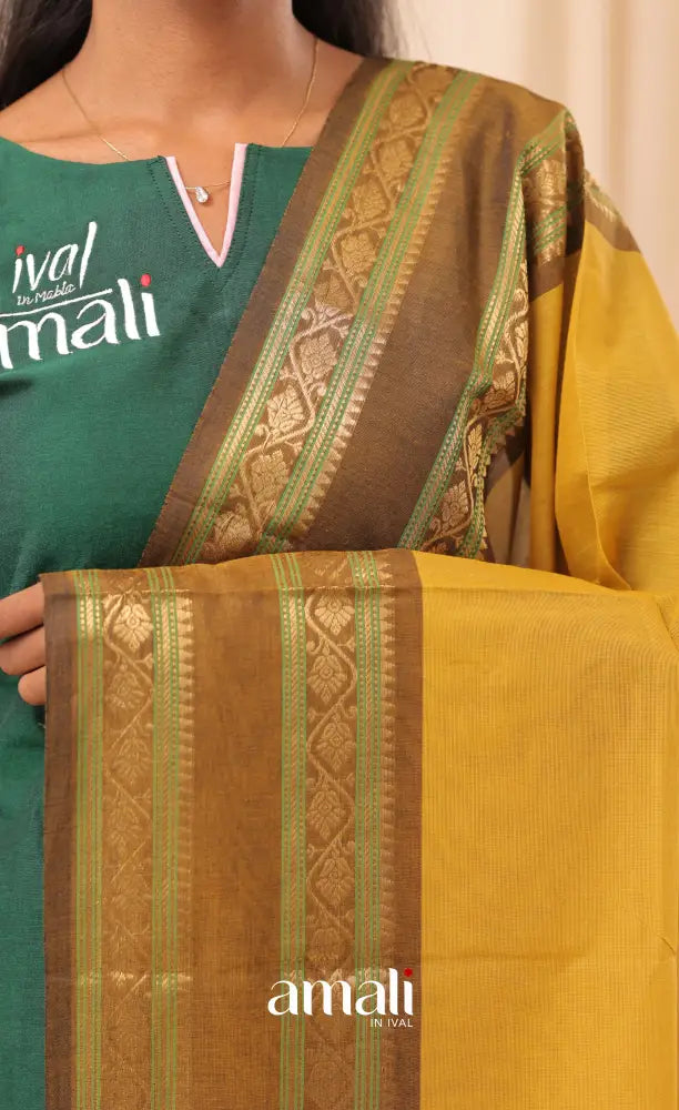 Mustard Yellow With Brown Chettinad Cotton Dupatta salwar