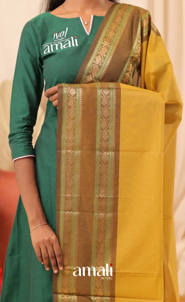 Mustard Yellow With Brown Chettinad Cotton Dupatta salwar