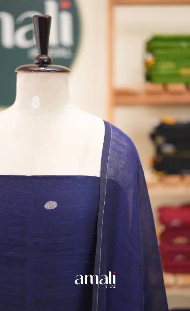Navy Blue Handloom Linen Unstitched Salwar Set - salwar