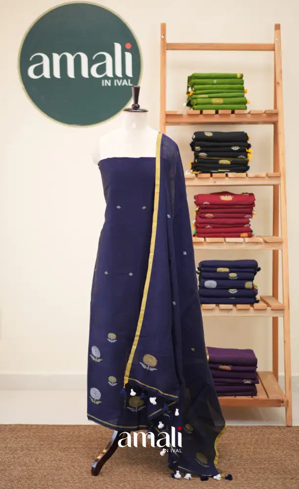 Navy Blue Handloom Linen Unstitched Salwar Set - salwar