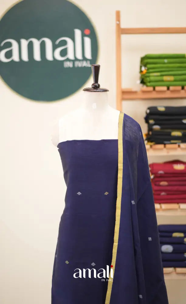 Navy Blue Handloom Linen Unstitched Salwar Set - salwar