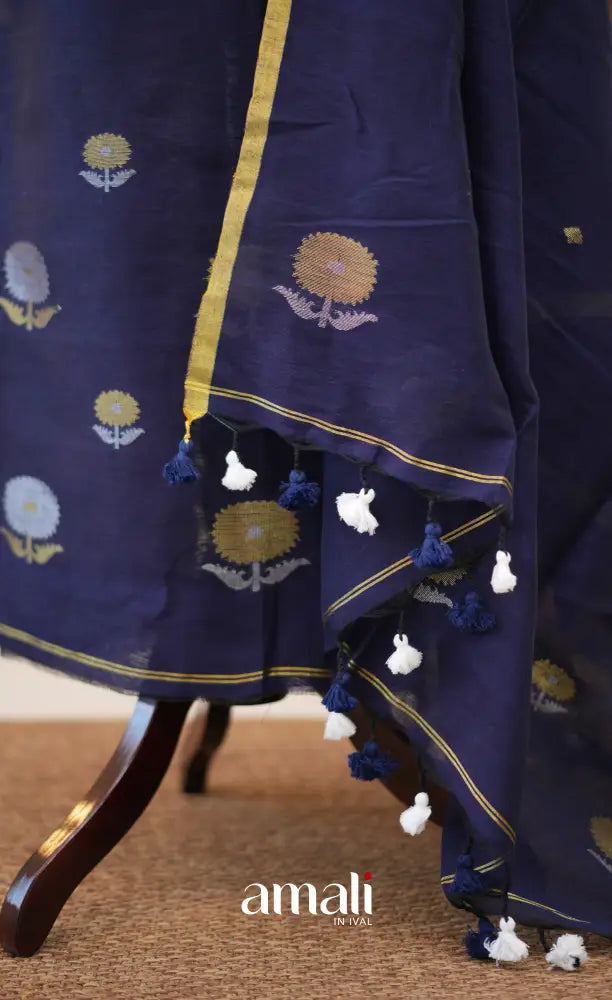 Navy Blue Handloom Linen Unstitched Salwar Set - salwar