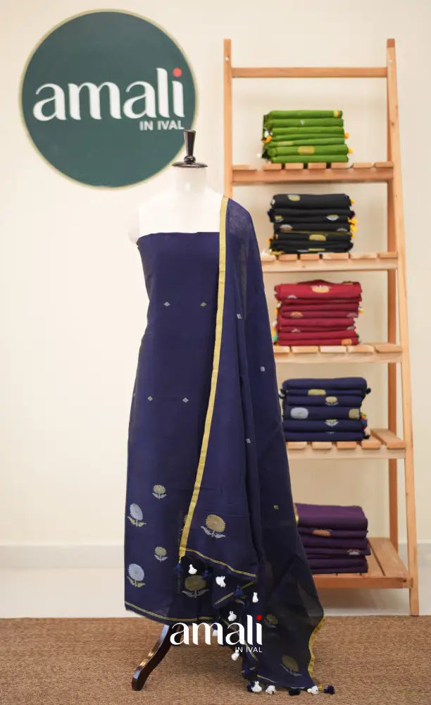 Navy Blue Handloom Linen Unstitched Salwar Set - salwar