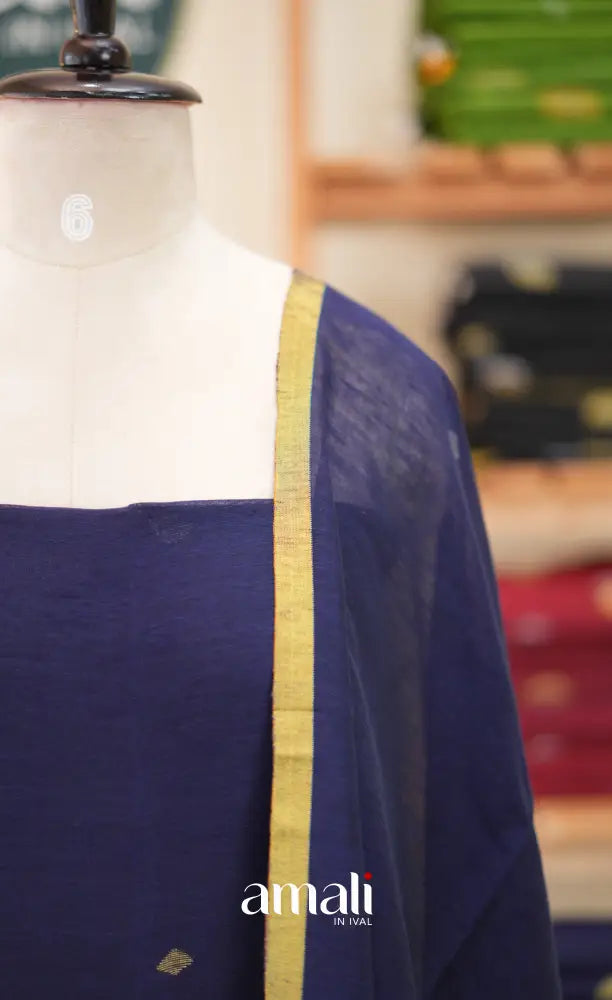 Navy Blue Handloom Linen Unstitched Salwar Set - salwar