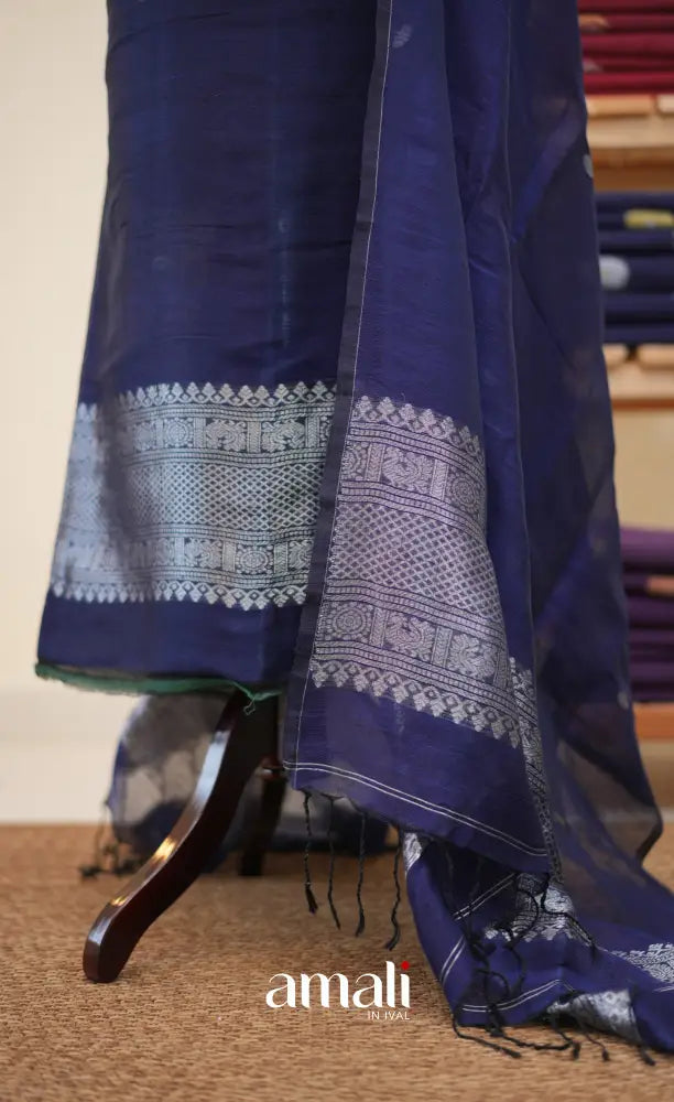 Navy Blue Handloom Linen Unstitched Salwar Set - salwar