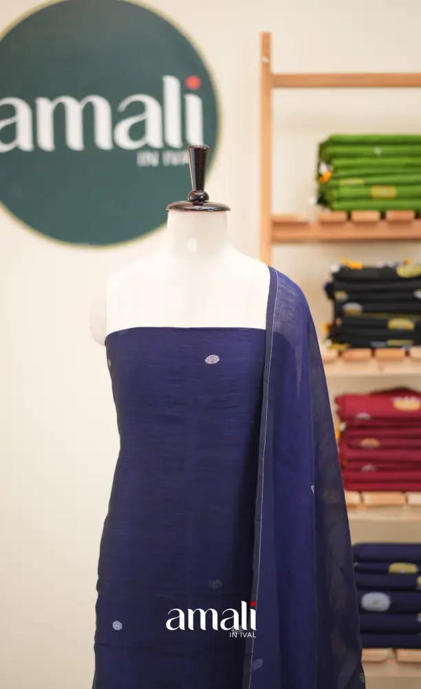 Navy Blue Handloom Linen Unstitched Salwar Set - salwar