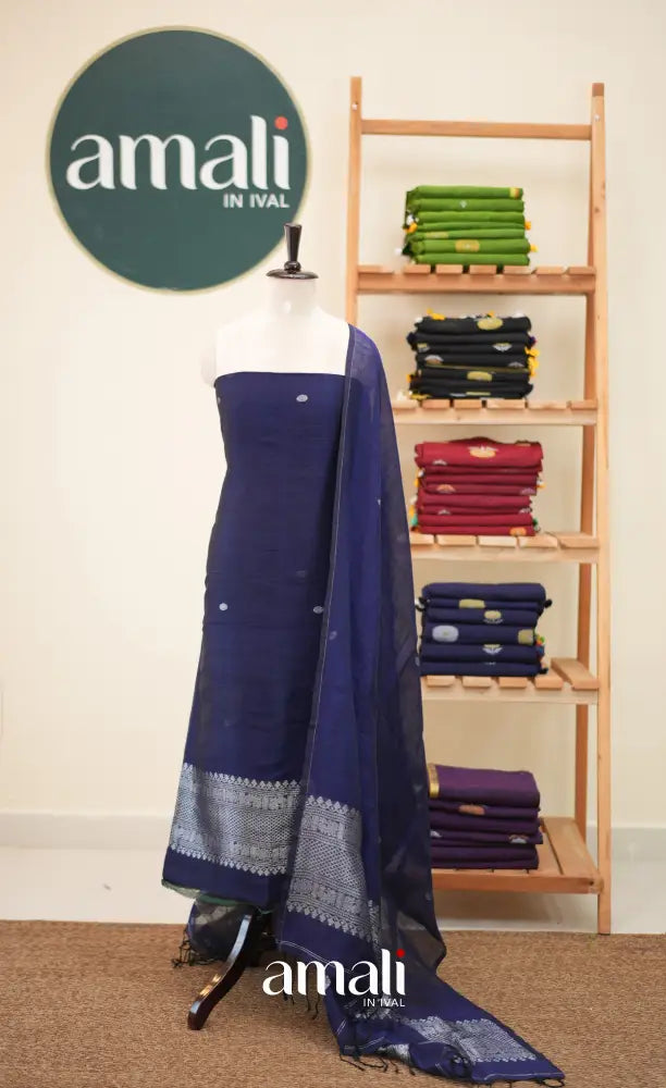 Navy Blue Handloom Linen Unstitched Salwar Set - salwar