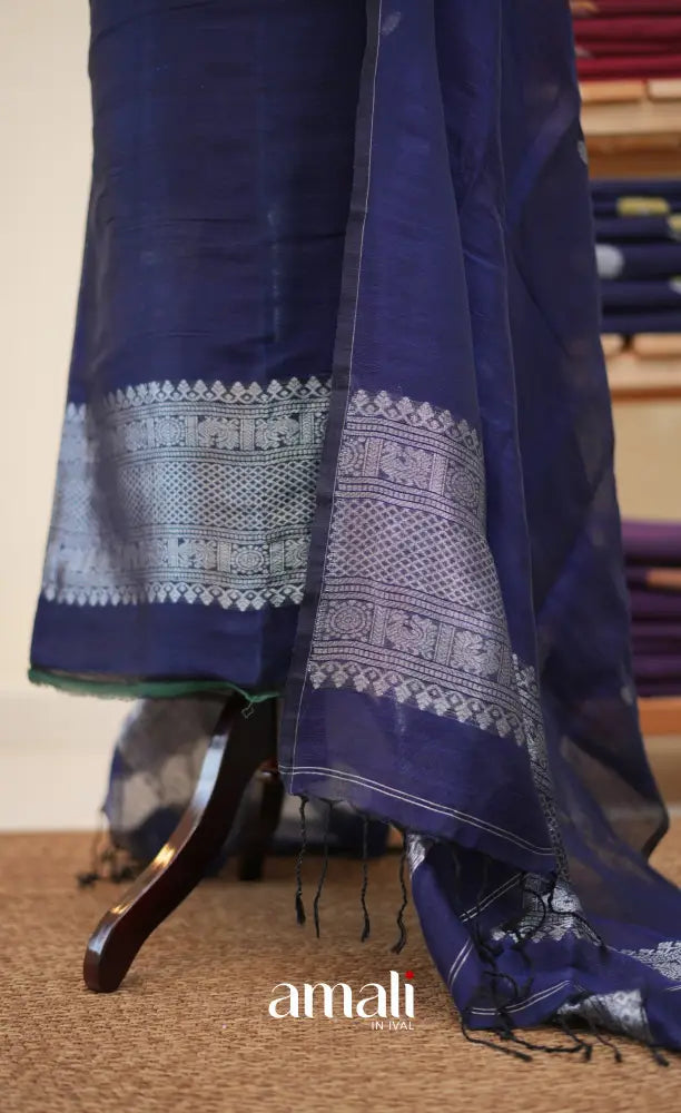 Navy Blue Handloom Linen Unstitched Salwar Set - salwar