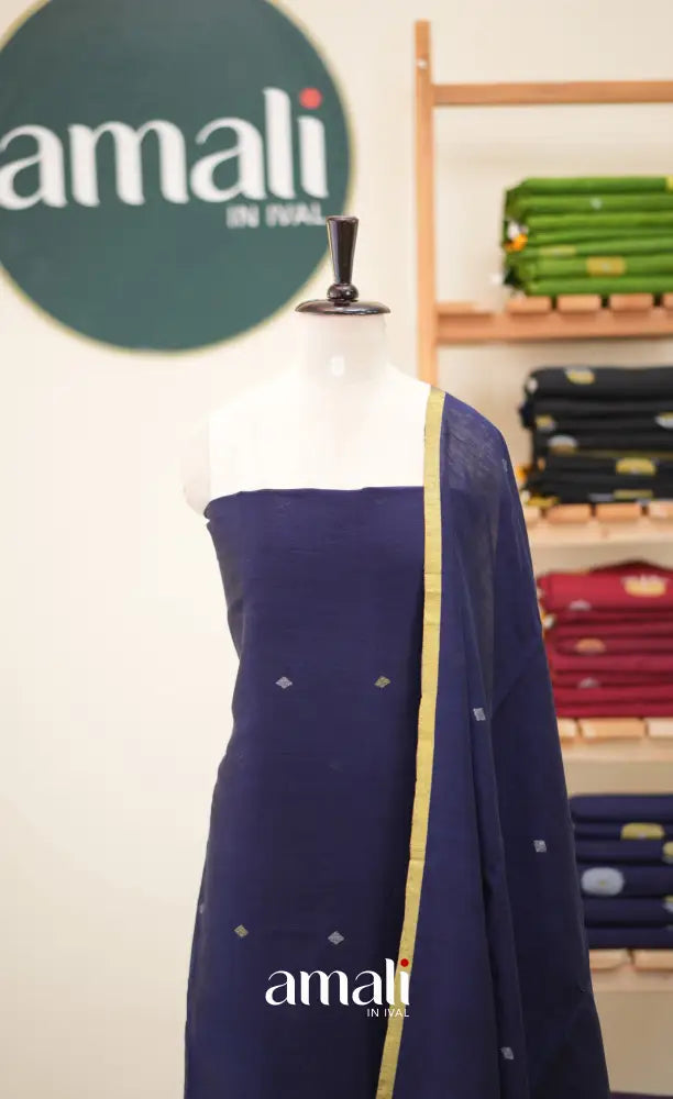 Navy Blue Handloom Linen Unstitched Salwar Set - salwar