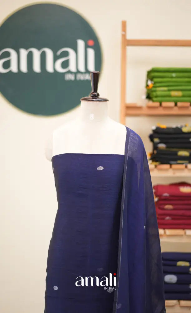 Navy Blue Handloom Linen Unstitched Salwar Set - salwar