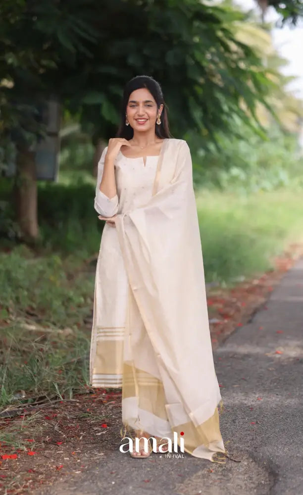 Off-white and Light gold Viscose Chanderi Salwar - salwar