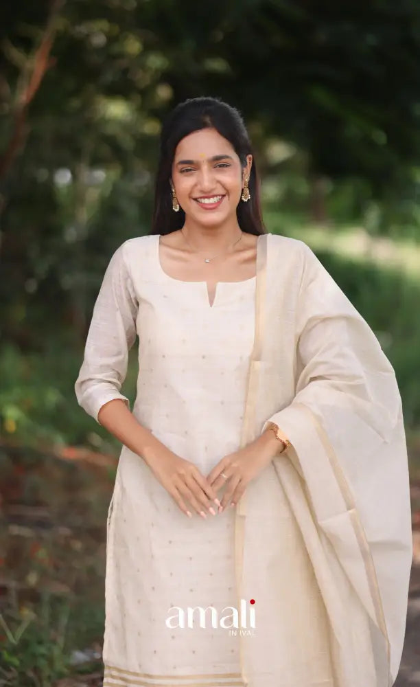 Off-white and Light gold Viscose Chanderi Salwar - salwar