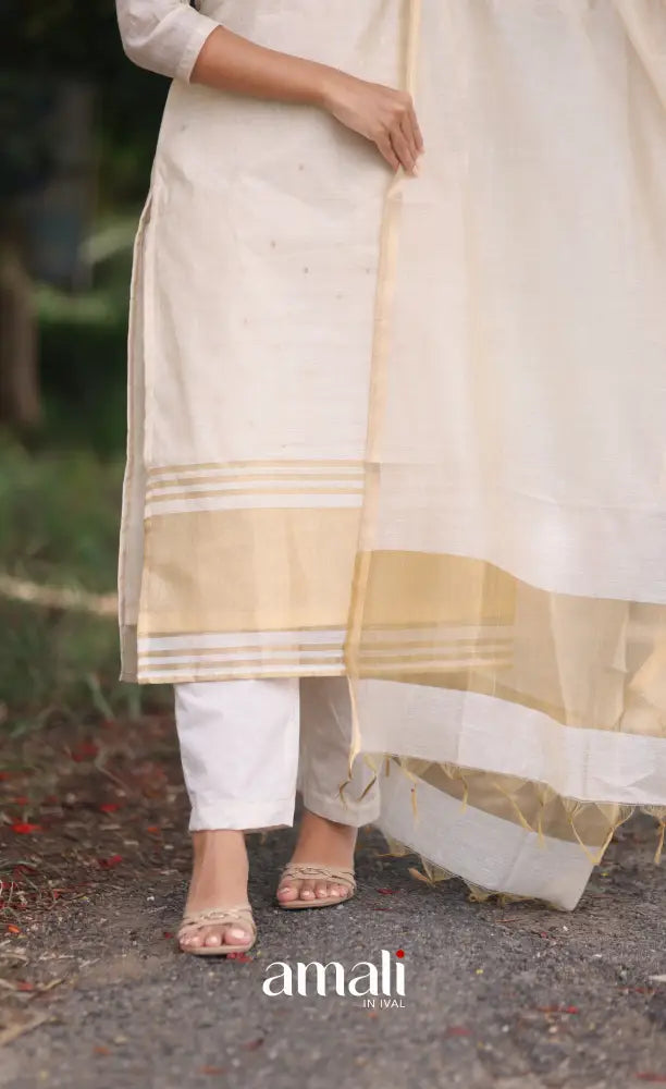 Off-white and Light gold Viscose Chanderi Salwar - salwar