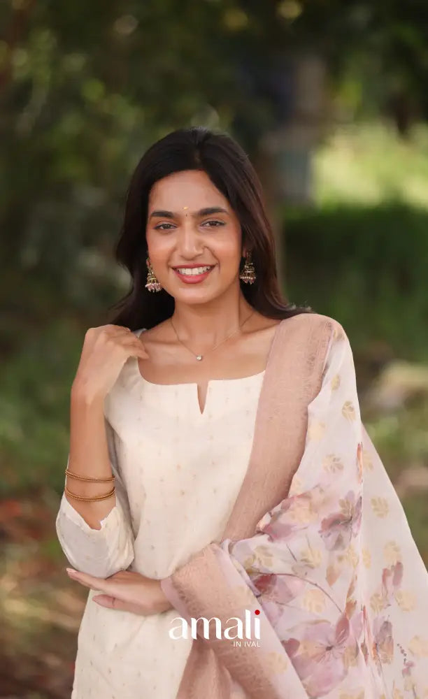 Off-white and Pink Viscose Chanderi Salwar - salwar