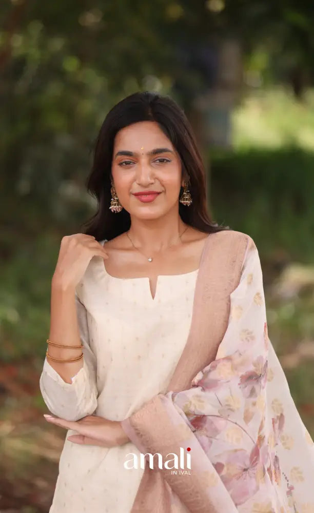 Off-white and Pink Viscose Chanderi Salwar - salwar