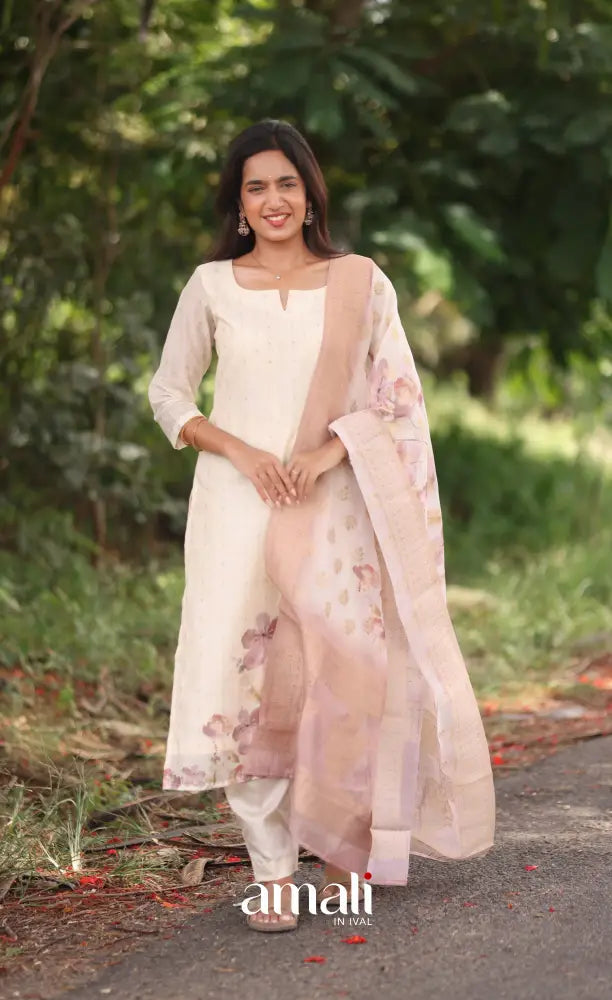 Off-white and Pink Viscose Chanderi Salwar - salwar