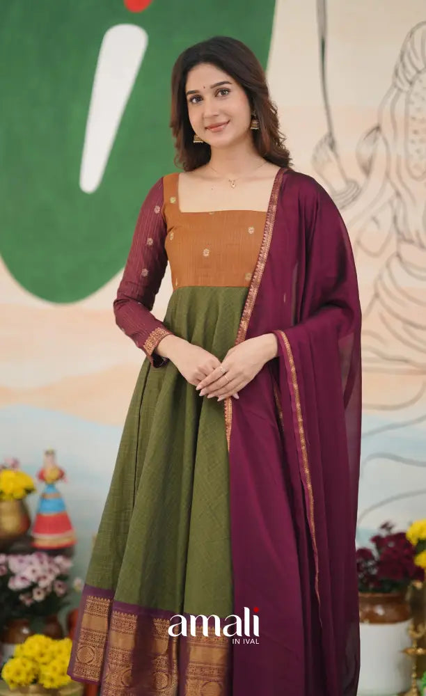Olive Green and Maroon Chettinad Cotton Anarkali Anarkalis