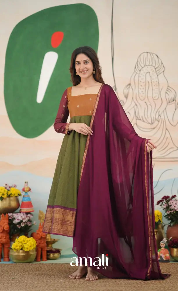 Olive Green and Maroon Chettinad Cotton Anarkali Anarkalis