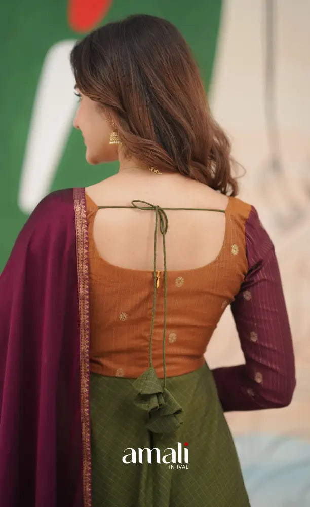 Olive Green and Maroon Chettinad Cotton Anarkali Anarkalis