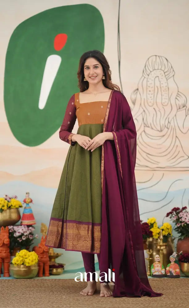 Olive Green and Maroon Chettinad Cotton Anarkali Anarkalis