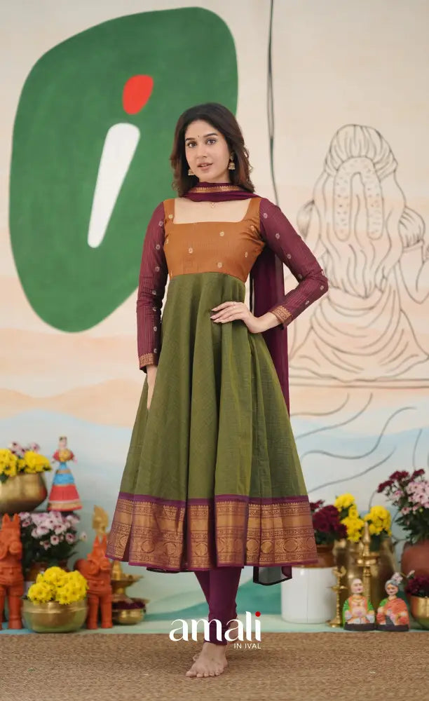 Olive Green and Maroon Chettinad Cotton Anarkali Anarkalis