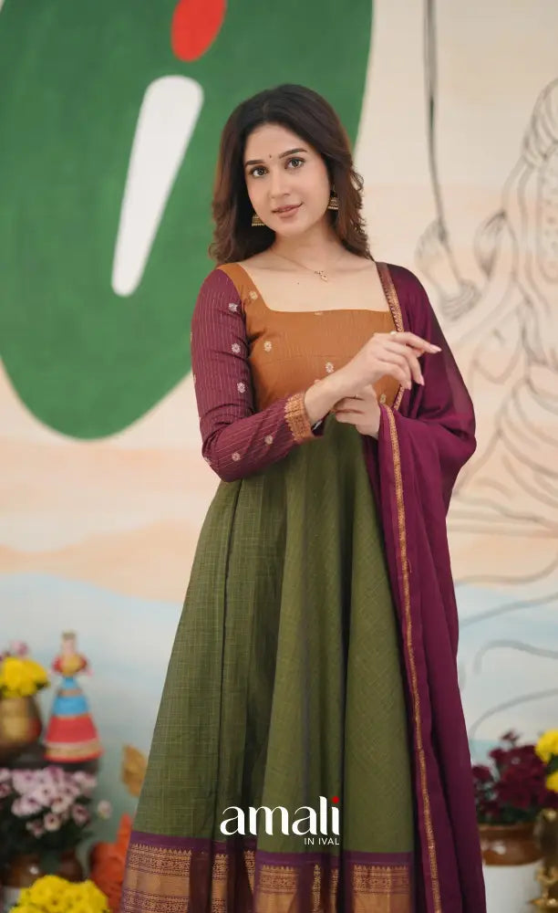 Olive Green and Maroon Chettinad Cotton Anarkali Anarkalis