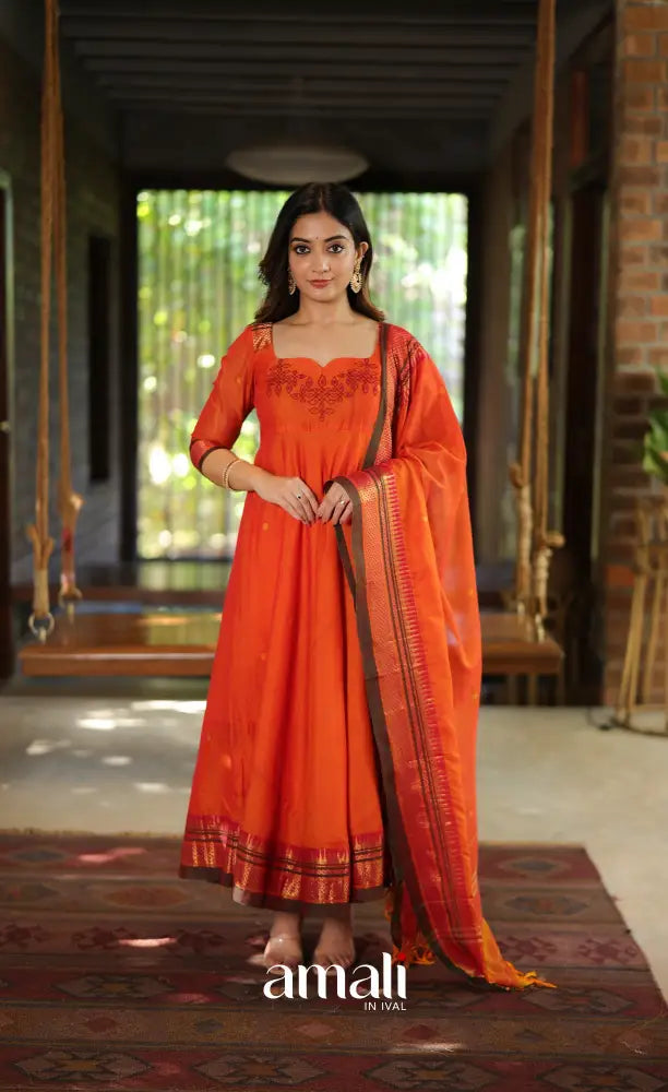 Orange and Brown Narayanpet Cotton Anarkali - Anarkalis
