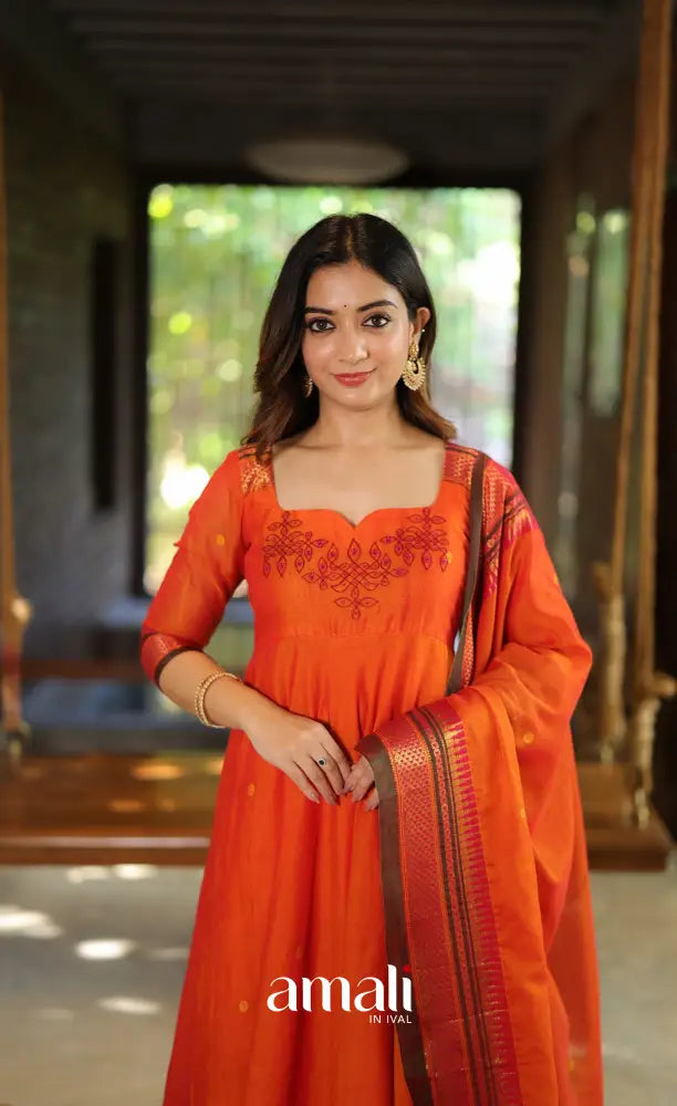 Orange and Brown Narayanpet Cotton Anarkali XL