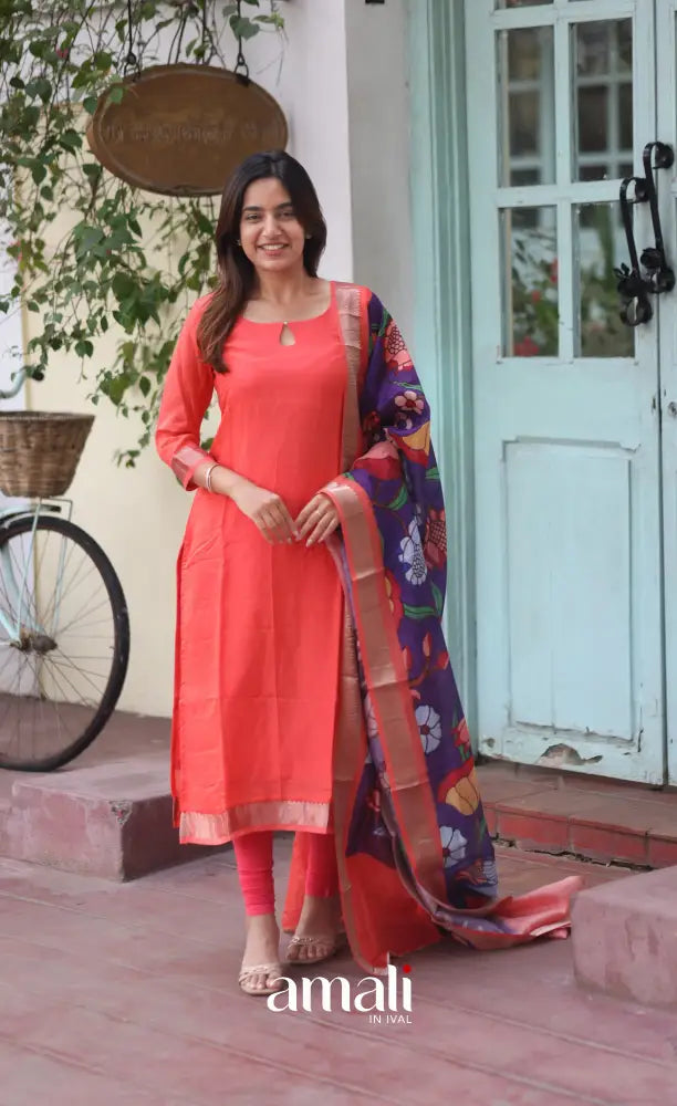 Orange and Purple Mangalgiri Handloom Salwar Set - salwar