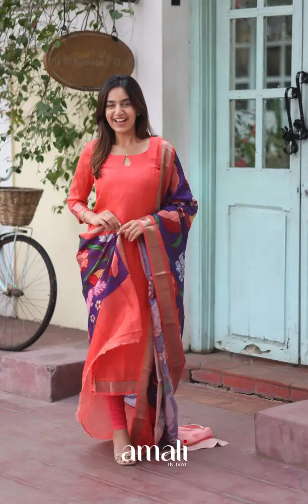 Orange and Purple Mangalgiri Handloom Salwar Set - salwar