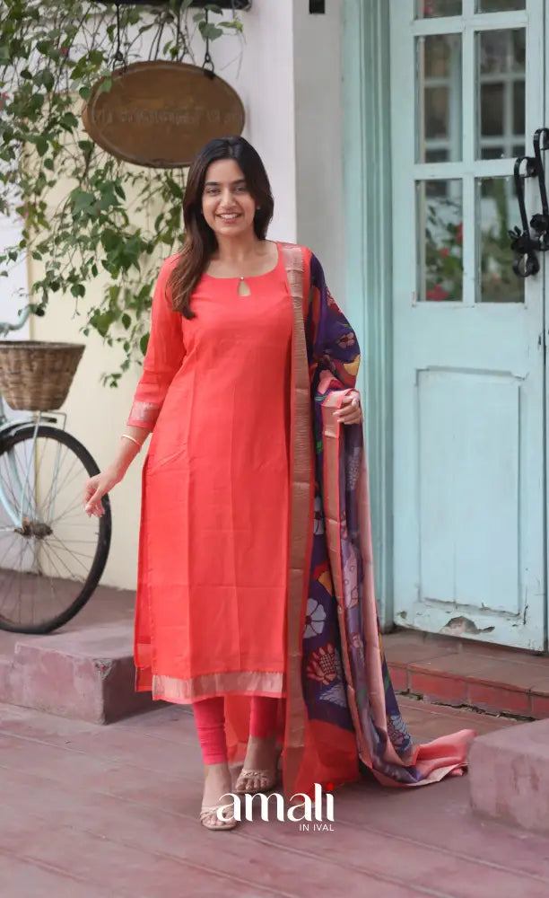 Orange and Purple Mangalgiri Handloom Salwar Set - salwar