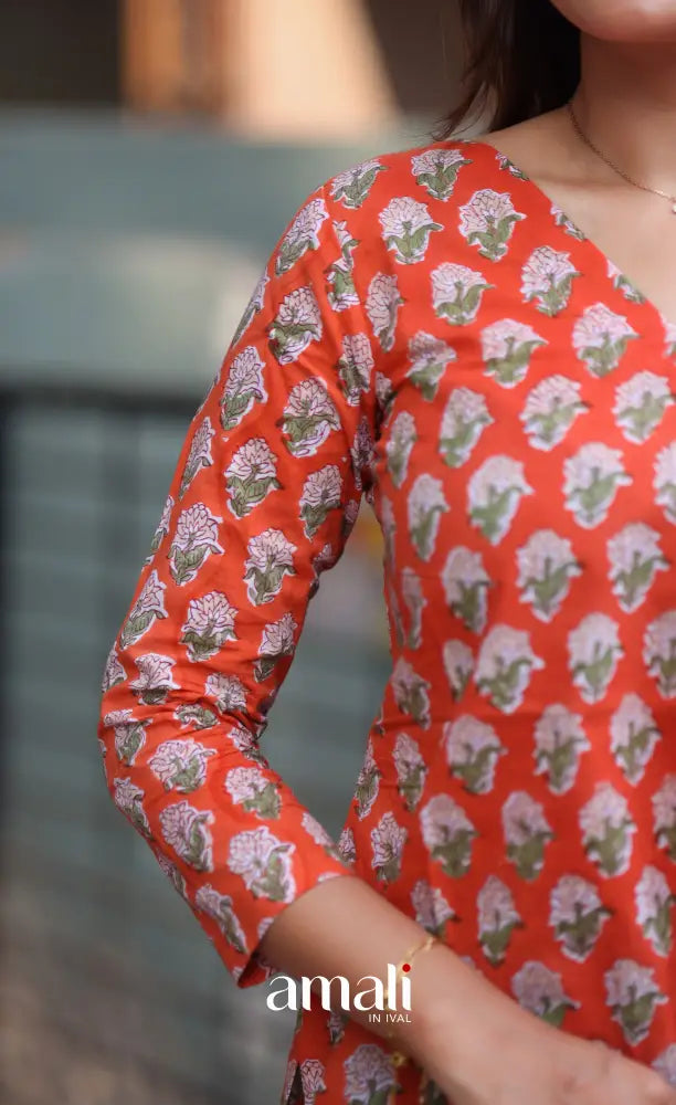 Orange Jaipur Hand Block-Printed Short Top - salwar