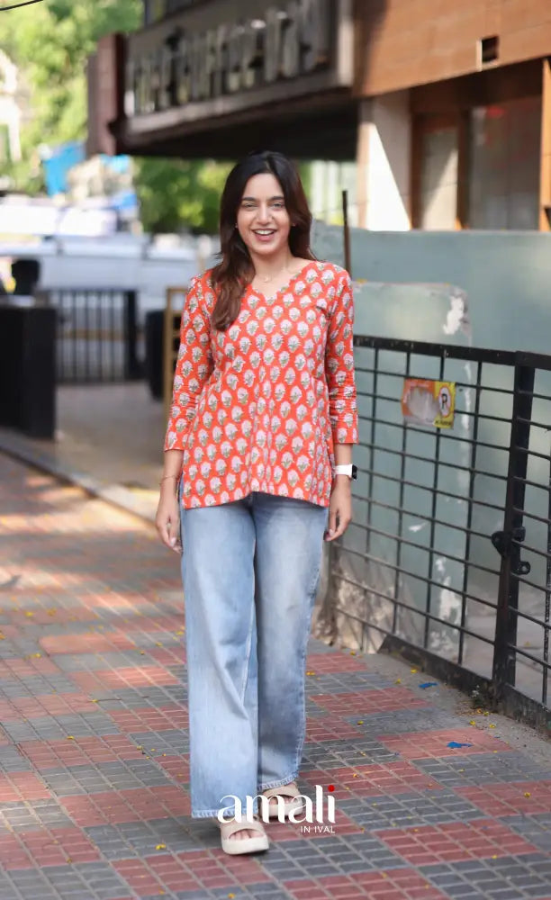 Orange Jaipur Hand Block-Printed Short Top - salwar