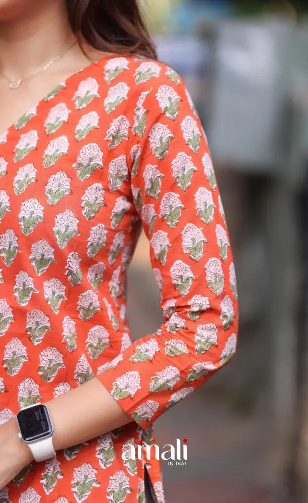Orange Jaipur Hand Block-Printed Short Top - salwar