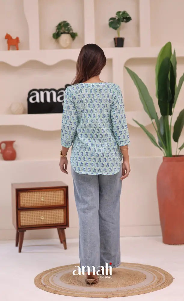 Pale bluish green Jaipur Hand Block-Printed Short Top - salwar