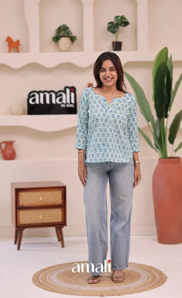 Pale bluish green Jaipur Hand Block-Printed Short Top - salwar