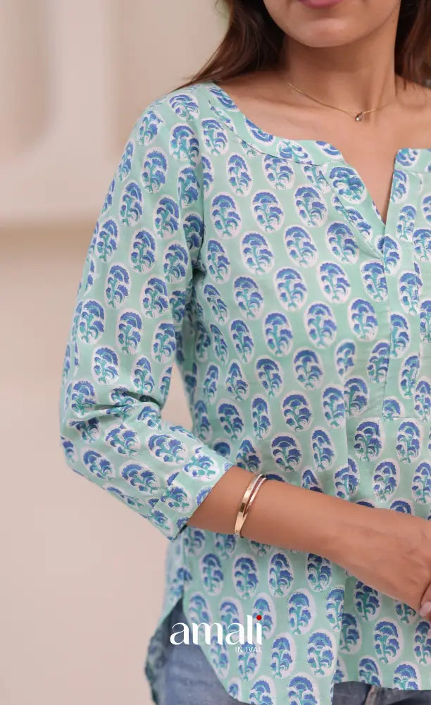 Pale bluish green Jaipur Hand Block-Printed Short Top - salwar