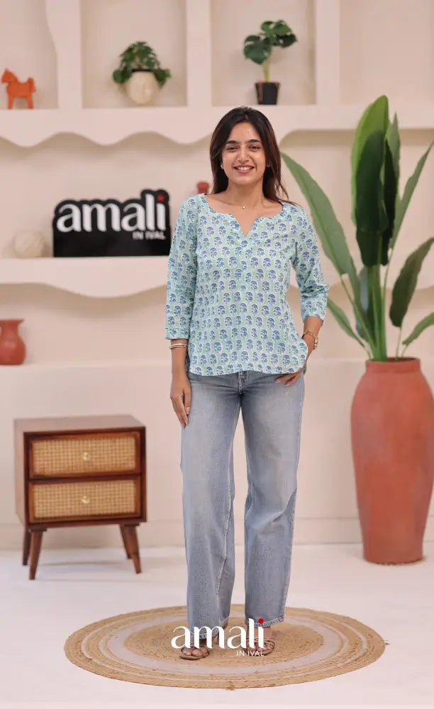 Pale bluish green Jaipur Hand Block-Printed Short Top - salwar