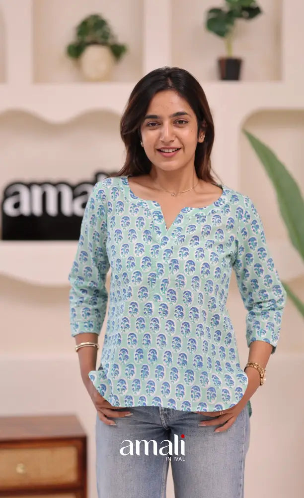 Pale bluish green Jaipur Hand Block-Printed Short Top - salwar